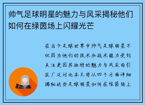 帅气足球明星的魅力与风采揭秘他们如何在绿茵场上闪耀光芒